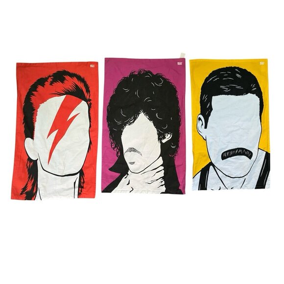 Bold & Noble Rock Star Tea Towels Lot of 3 Bowie Prince Freddie Mercury Pop Art - Picture 1 of 16